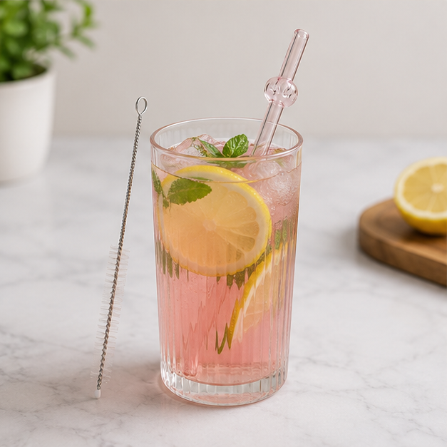 Reusable Pink Glass Straw Set with Cleaning Brush (YM153)