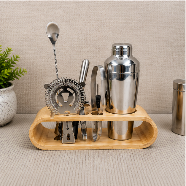 Cocktail Shaker Set with Wooden Stand Silver (YM1053)