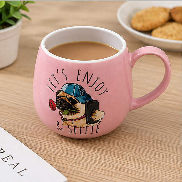 Pink Ceramic Coffee Mug with Travel Print Design (YM2831)