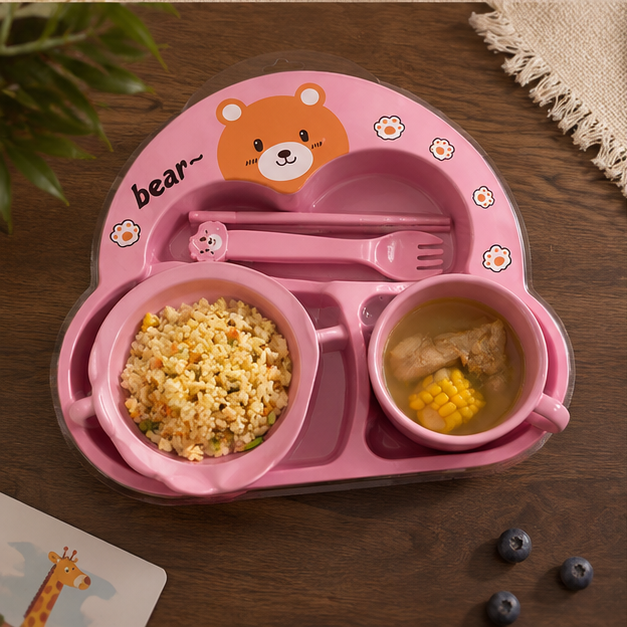 Kids Pink Cutlery Dining Set with Bear Design - Set of 5 (YM2123)