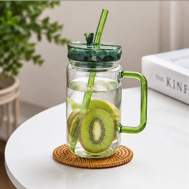 Green Glass Sipper Mug with Straw & Lid (YM1538)
