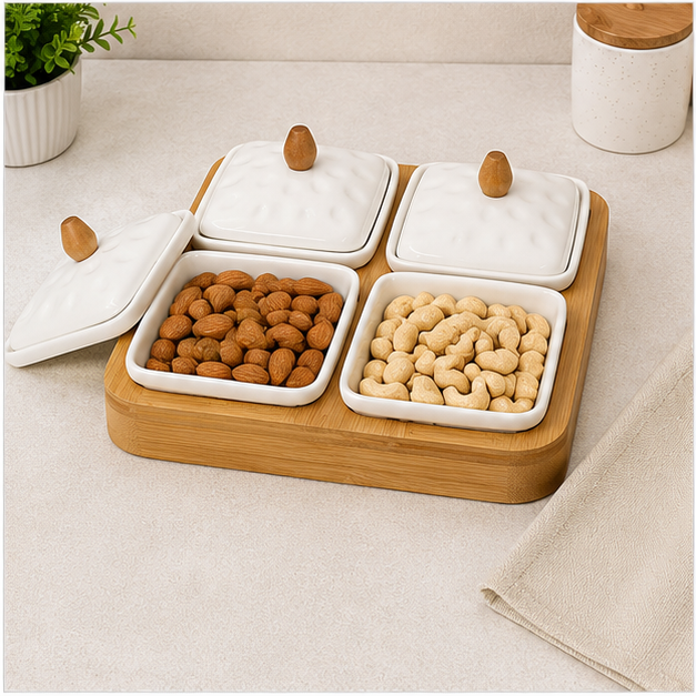 White Ceramic Bowl Set with Wooden Tray (YM389)