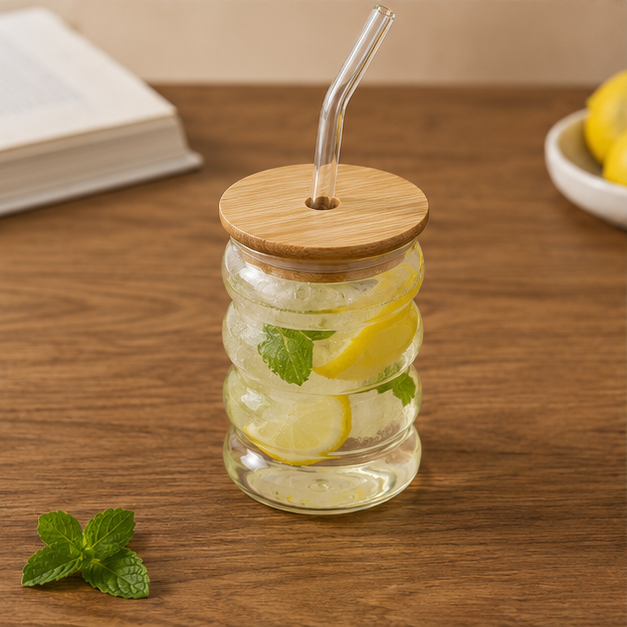 Transparent Glass Sipper Cup with Straw & Wooden Lid (YM1566)