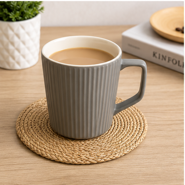 Charcoal Ribbed Ceramic Coffee Mug with Handle (YM783)