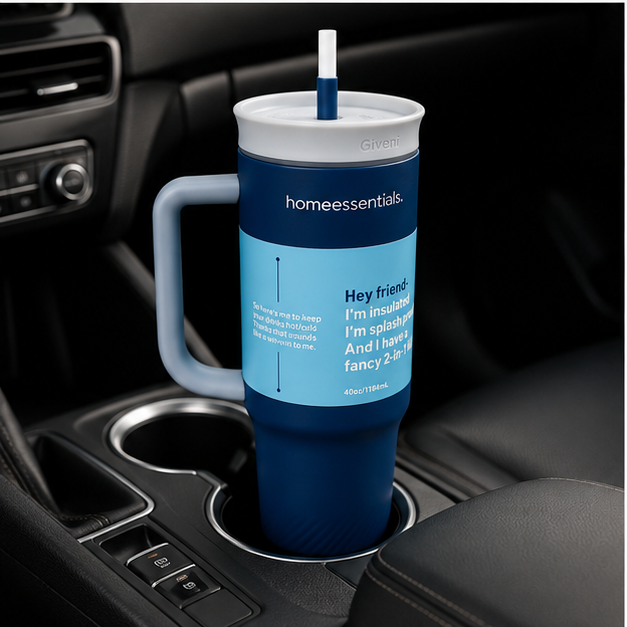 Premium Blue Insulated Tumbler with Handle & Straw (YM035)