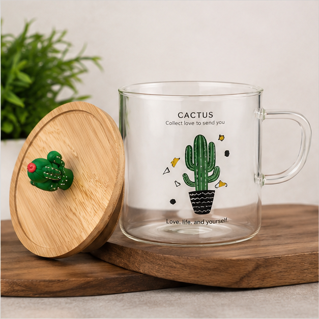 Cactus Theme Glass Cup with Lid (YM1985)