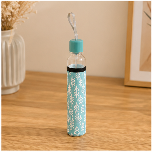 Blue Floral Glass Water Bottle for Daily Hydration (YM1982)