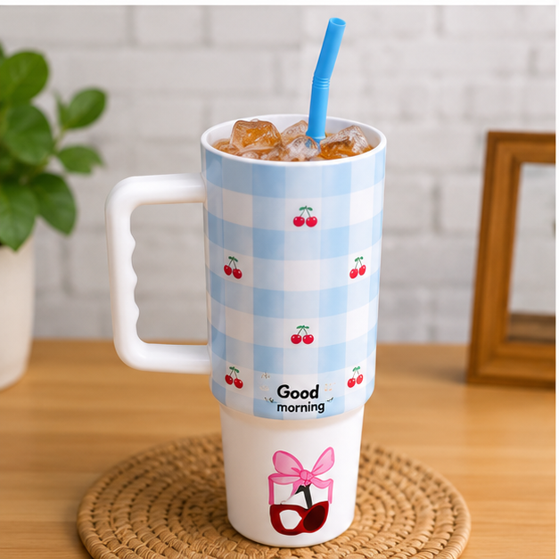 White & Blue Insulated Tumbler with Handle and Straw (YM2621)