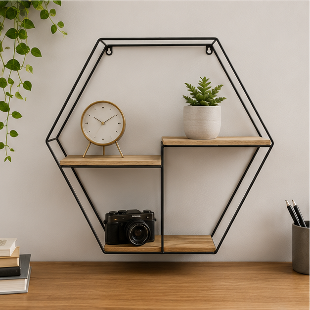 Geometric Black Wall Hanging Stand with Wooden Shelves (YM1028)