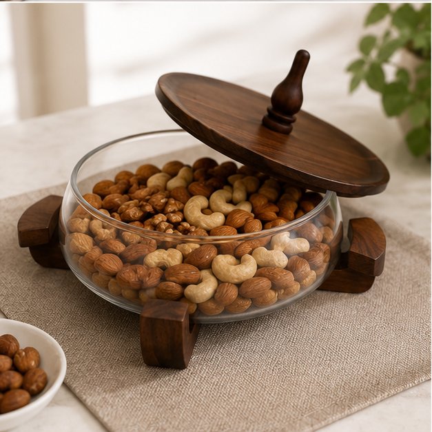 Glass Serving Pot with Wooden Lid & Stand Holder (YM2393)