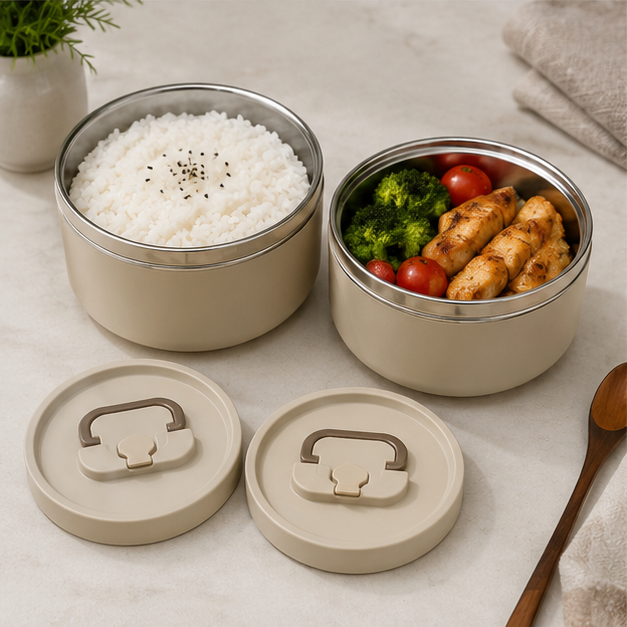Insulated Lunch Box Beige 2PC Stainless Steel (YM2138)
