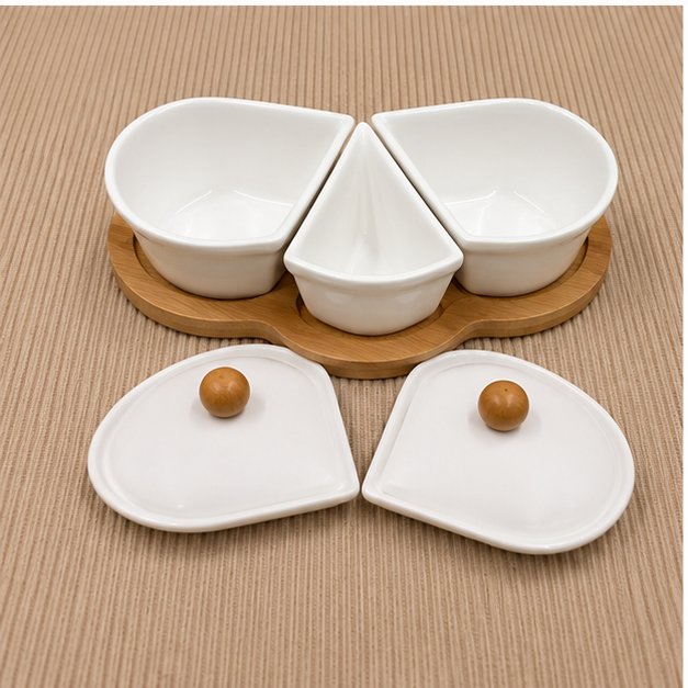 White Ceramic Serving Bowl Set with Wooden Tray (YM391)