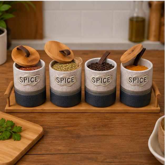 Ceramic Seasoning Jar Set with Wooden Tray - Set of 4 (YM1296)
