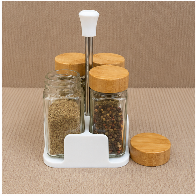 4 Jar Glass Spice Storage Set with Wooden Lids (YM073)