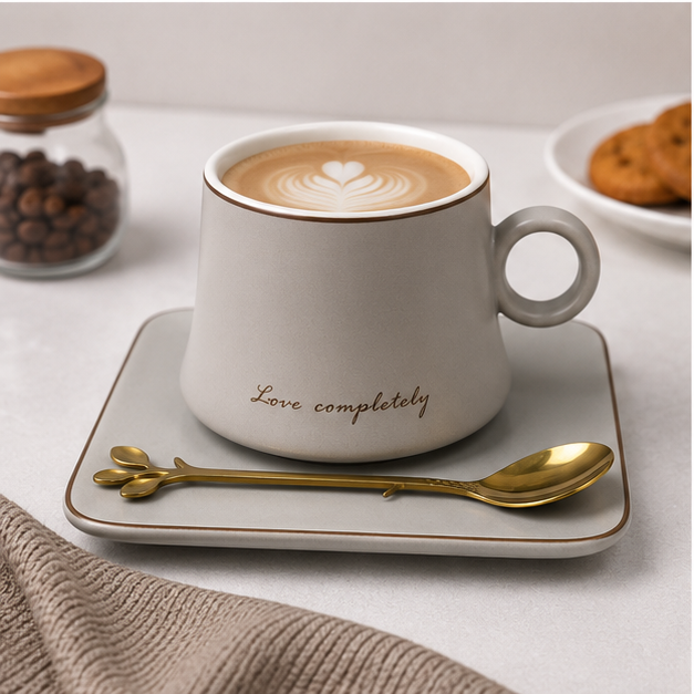 Grey Ceramic Coffee Cup Set with Tray & Gold Spoon (YM1747)
