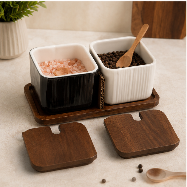 Ceramic Seasoning Jar Set with Wooden Tray & Spoons (YM2378)