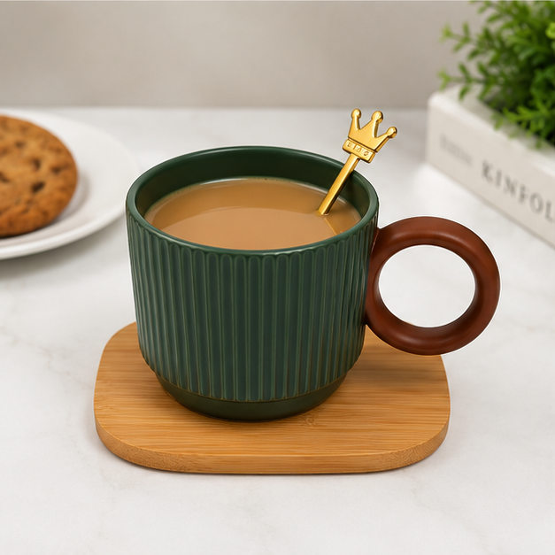 Green Ceramic Coffee Mug Set with Coaster & Spoon (YM469)