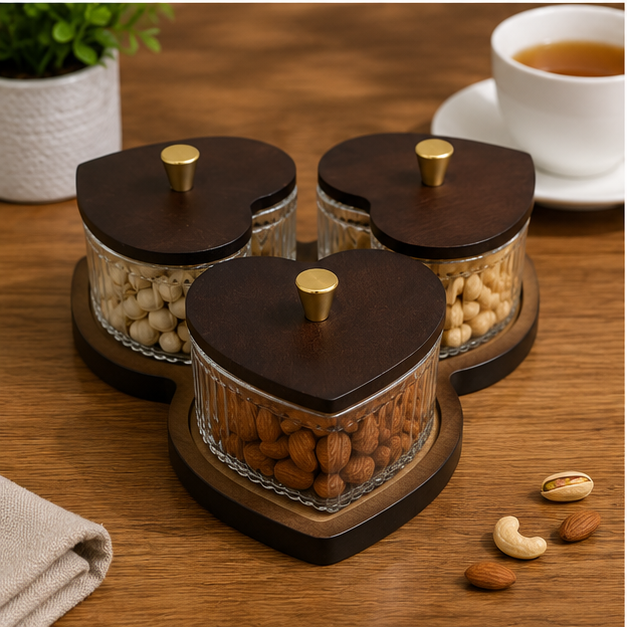 Glass Condiment Jar Set with Wooden Tray - Set of 3 (YM2416)