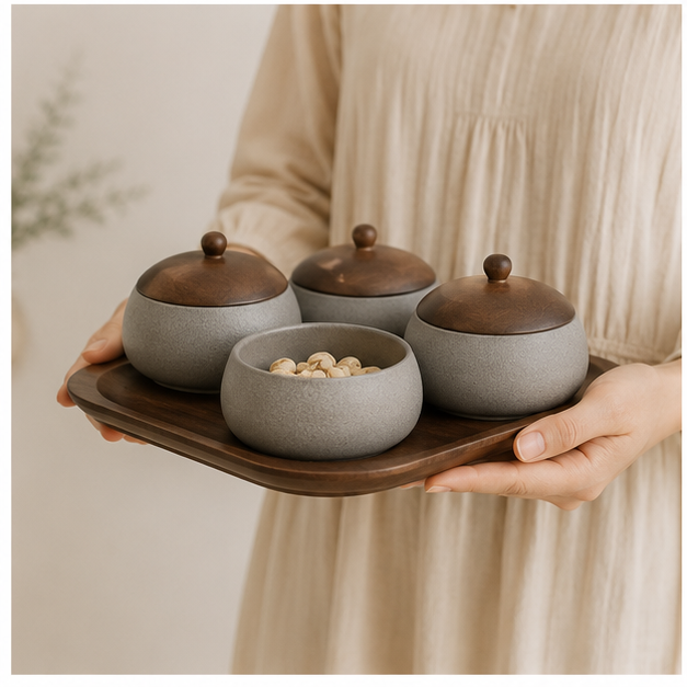 Grey Ceramic Condiment Set of 4 with Serving Tray (YM2384)