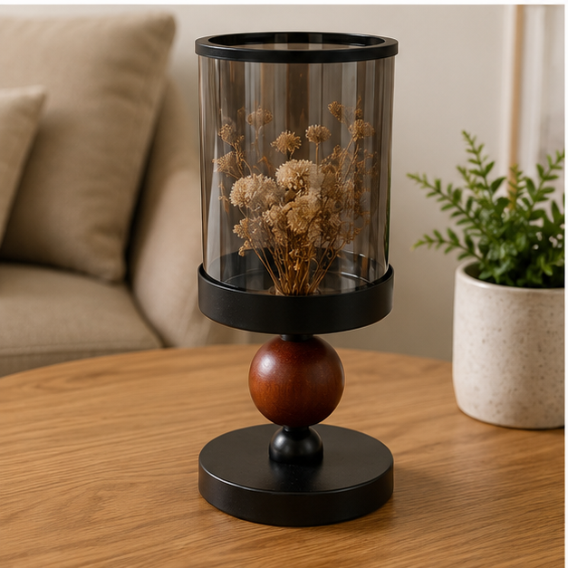 Modern Black Hurricane Candle Holder with Glass Shade (YM2273)