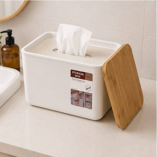Storage Box with Tissue Holder – White Organizer Box (YM558)