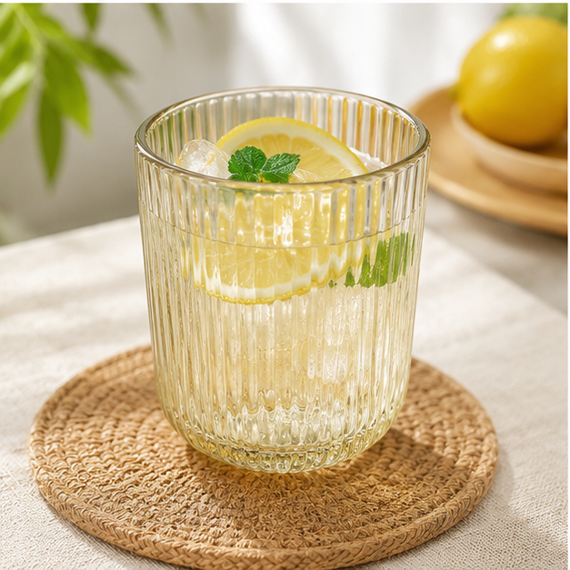 Golden Ribbed Glass Drinking Cup (YM619)