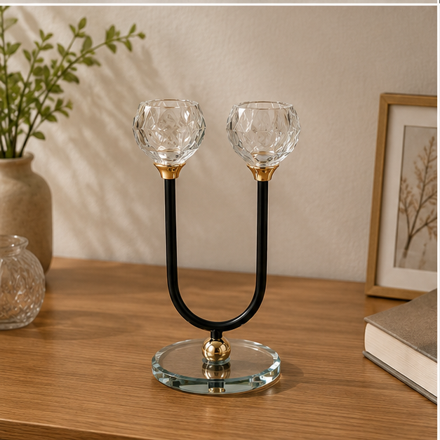 Modern Double Candle Holder with Crystal Tops & Black Metal Stand (YM2270)