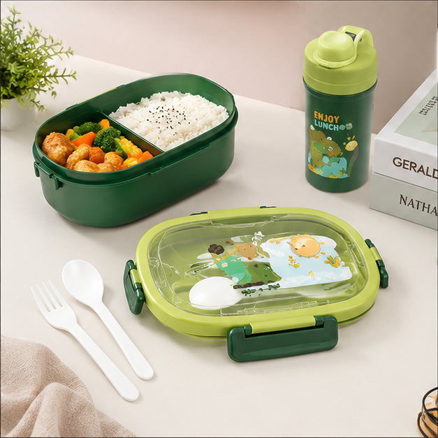Kids Green Lunch Box Set with Spoon, Fork & Water Bottle (YM2507)