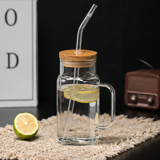 Transparent Glass Sipper Mug with Straw & Lid (YM1537)