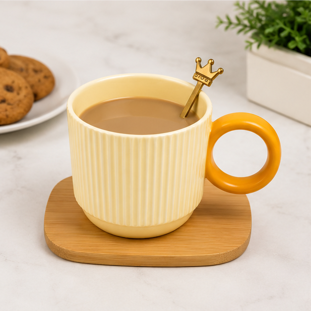 Yellow Ceramic Coffee Mug Set with Coaster & Spoon (YM469)