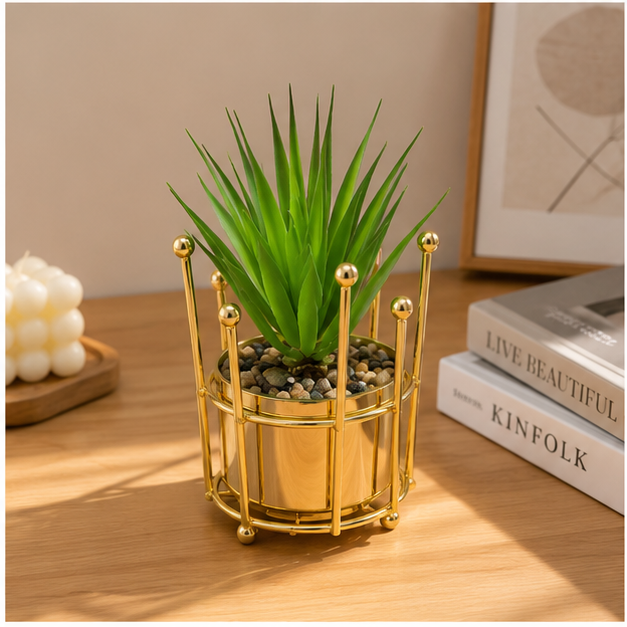 Gold Round Cage Planter with Artificial Succulent (YM2242)