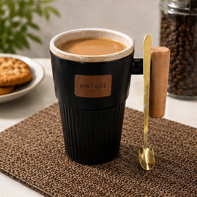 Ceramic Coffee Mug Black with Spoon (YM1759)