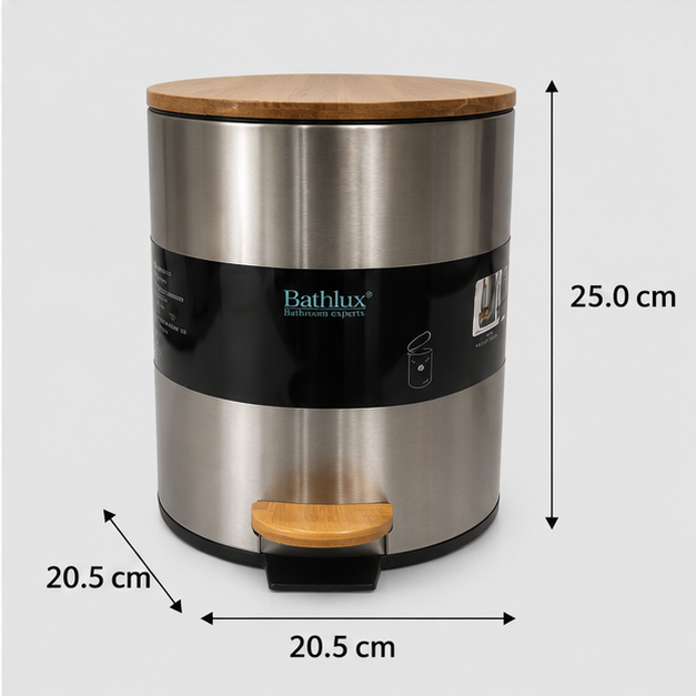 Silver Manual Trash Bin with Wooden Lid for Bathroom, Kitchen & Office (YM2595)