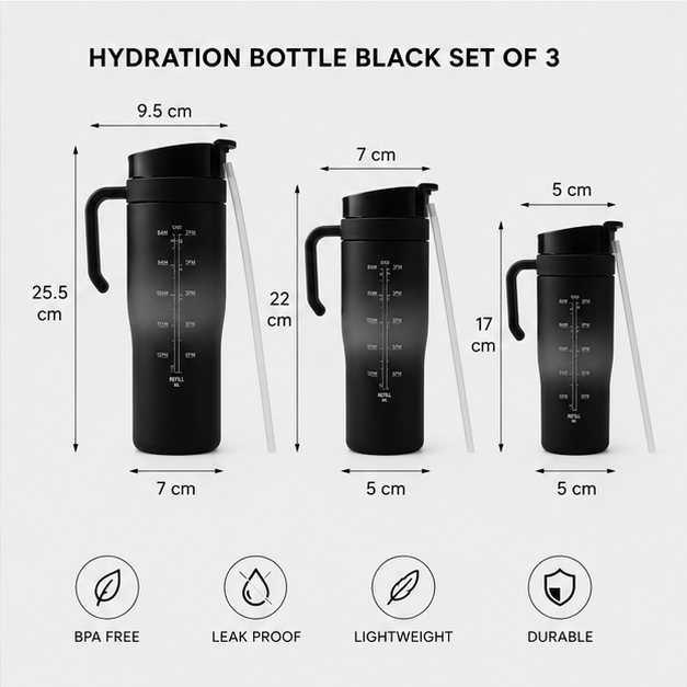 Hydration Bottle Black Set of 3 (YM2128)