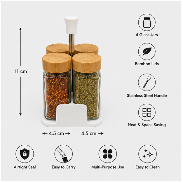 4 Jar Glass Spice Storage Set with Wooden Lids (YM073)