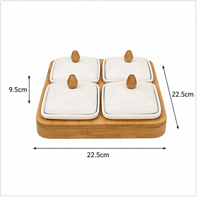 White Ceramic Bowl Set with Wooden Tray (YM389)
