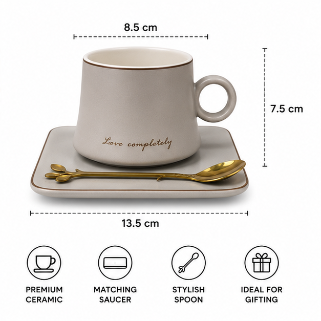 Grey Ceramic Coffee Cup Set with Tray & Gold Spoon (YM1747)