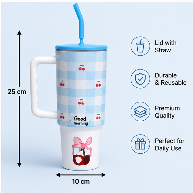 White & Blue Insulated Tumbler with Handle and Straw (YM2621)