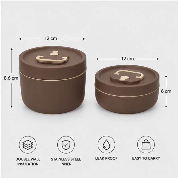 Insulated Lunch Box Brown 2PC Stainless Steel (YM2138)