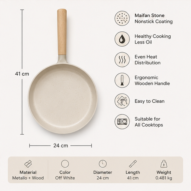 Off White Maifan Stone Frying Pan with Wooden Handle (YM2025)