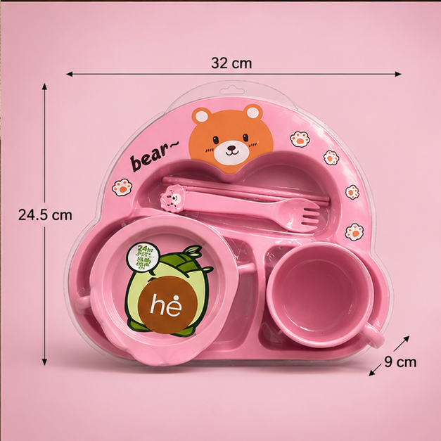 Kids Pink Cutlery Dining Set with Bear Design - Set of 5 (YM2123)