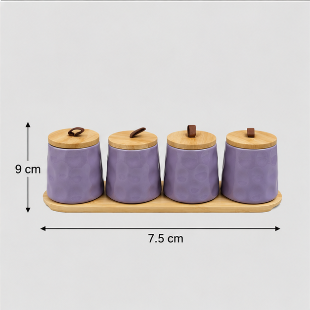 Ceramic Seasoning Purple Jar Set with Wooden Tray (YM1299)