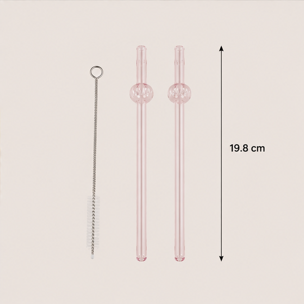 Reusable Pink Glass Straw Set with Cleaning Brush (YM153)
