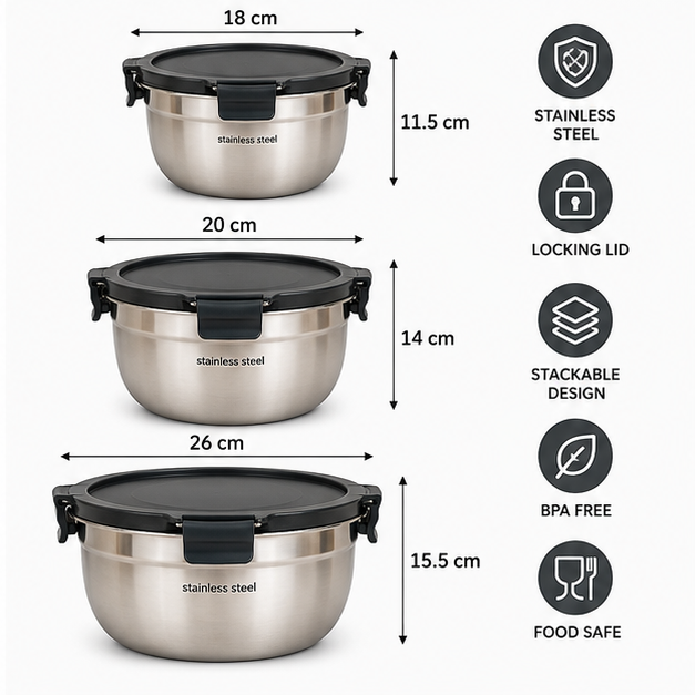 Stainless Steel Food Storage Container Set of 3 (YM2072)