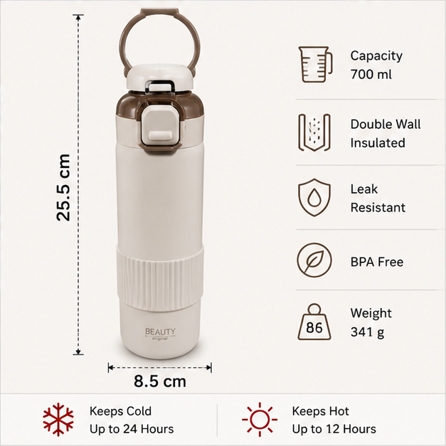 Brown Stainless Steel Insulated Water Bottle 700ml (YM1626)