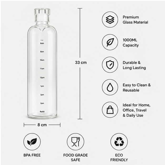 Glass Water Bottle White 1000ML (YM2150)