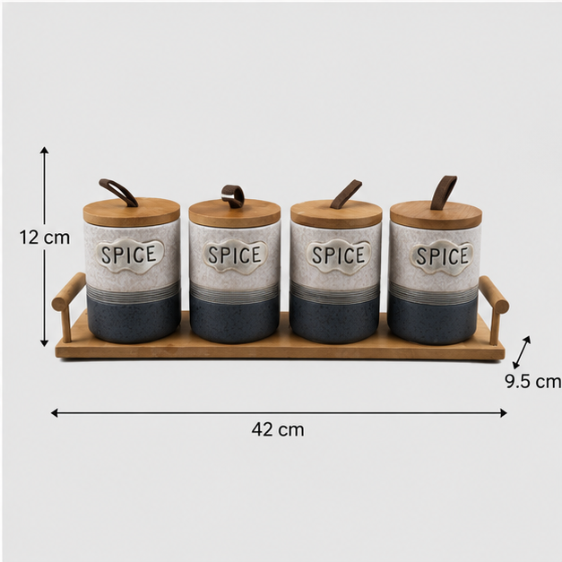 Ceramic Seasoning Jar Set with Wooden Tray - Set of 4 (YM1296)