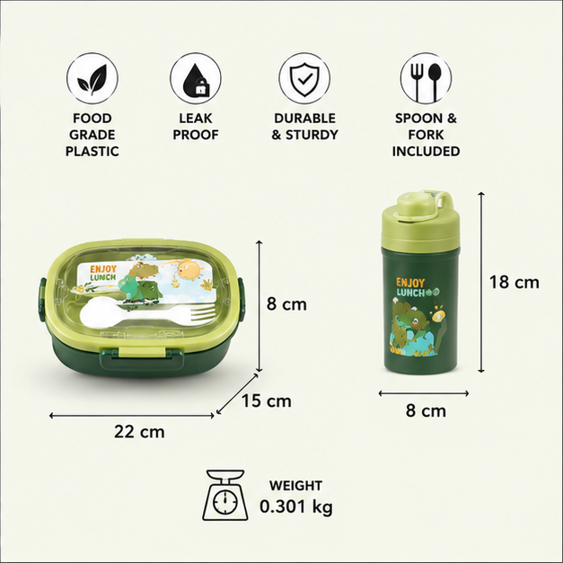 Kids Green Lunch Box Set with Spoon, Fork & Water Bottle (YM2507)
