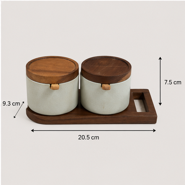 Ceramic Seasoning Pot Set with Wooden Tray - Set of 2 (YM2402)
