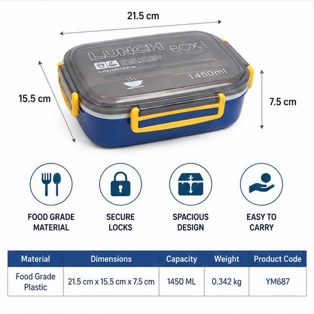 Blue Kids Lunch Box with Secure Locking Lid (YM687)